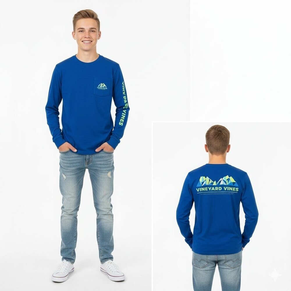 Vineyard Vines Boys Long Sleeve Blue T-Shirt Size L Mountain Vibe Coastal Preppy